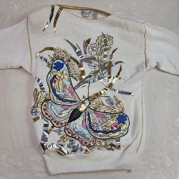 Vintage 80s Bonnie Boerer Butterfly Moth Embellished Sweater Womens Small - Picture 7 of 10